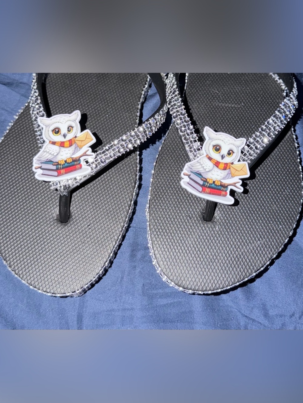 Black Flip Flops with Owl Bookworm Charm